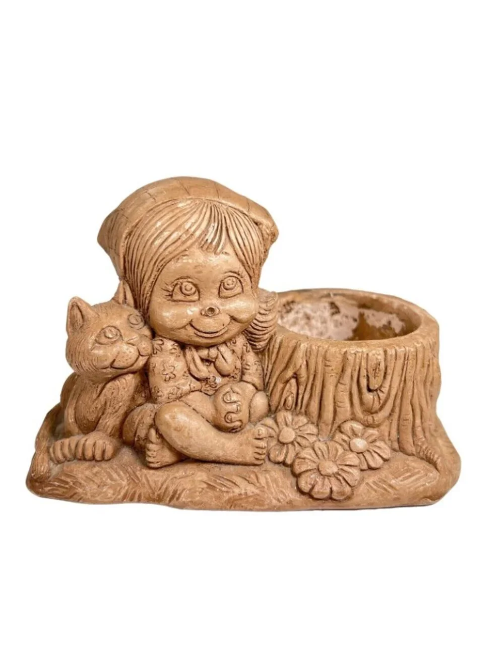 Vtg Wallace Berrie Ceramic Candleholder Planter Girl Cat USA 1975 Signed Smiles